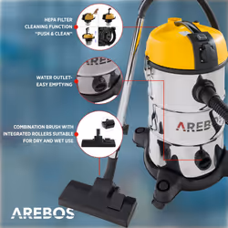 AREBOS Industrial Vacuum Cleaner 5-in-1 Wet and Dry Vacuum Cleaner 1300 W Ash /Fireplace / Grill  with and without Bag Bagless 30 L