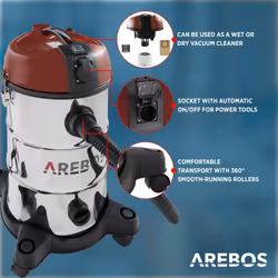AREBOS Industrial Vacuum Cleaner 5-in-1 Wet and Dry Vacuum Cleaner 1300 W Ash /Fireplace / Grill with and without Bag Bagless 30 L Red