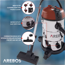 AREBOS Industrial Vacuum Cleaner 5-in-1 Wet and Dry Vacuum Cleaner 1300 W Ash /Fireplace / Grill with and without Bag Bagless 30 L Red