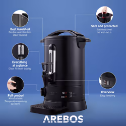 AREBOS Catering Urn | Mulled Wine Cooker 950 W | Hot Drink Dispenser 6.8 L with Drip Tray | Outlet Tap | Thermostat and Overheating Protection | Black