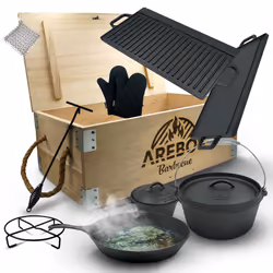 AREBOS Dutch Over BBQ Set made of cast iron with wooden box including protective glove