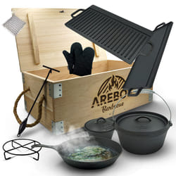 AREBOS Dutch Over BBQ Set made of cast iron with wooden box including protective glove
