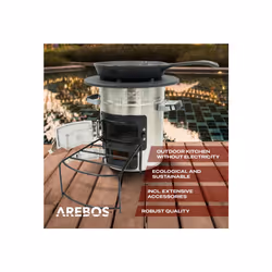AREBOS Rocket Stove incl. Cast Iron Grill Pan with Carrying Bag & Gloves |Dutch Oven BBQ | Portable Camping Cooker Wood Stove | Outdoor Kitchen|Silver