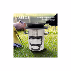 AREBOS Rocket Stove incl. Cast Iron Grill Pan with Carrying Bag & Gloves |Dutch Oven BBQ | Portable Camping Cooker Wood Stove | Outdoor Kitchen|Silver