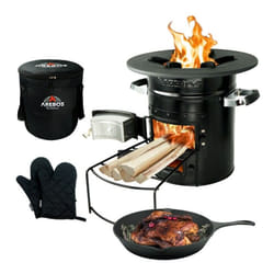AREBOS Rocket Stove incl. Cast Iron Grill Pan with Carrying Bag & Gloves | Dutch Oven BBQ | Portable Camping Cooker Wood Stove | Outdoor Kitchen|Black