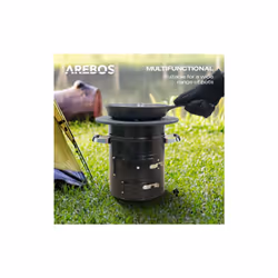 AREBOS Rocket Stove incl. Cast Iron Grill Pan with Carrying Bag & Gloves | Dutch Oven BBQ | Portable Camping Cooker Wood Stove | Outdoor Kitchen|Black