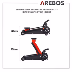 AREBOS 3T Hydraulic Trolley Floor Car Jack with integrated foot pedal | Underride height 130-508 mm |2 pads|Quick Lift Jack Stand