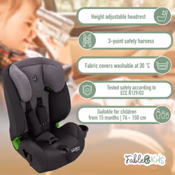 FableKids child car seat with Isofix | Car seat for children 76-150 cm | 3-point safety harness | 8-way adjustable headrest & cup holder | Grey