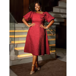 AOMEI Jacquard A Line Midi Dresses Irregular Neck 3D Flower Women Puff Sleeve Evening Party Event Gowns Dress - red, 3XL