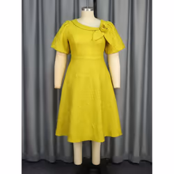 AOMEI Jacquard A Line Midi Dresses Irregular Neck 3D Flower Women Puff Sleeve Evening Party Event Gowns Dress - yellow, L