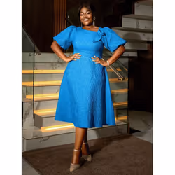 AOMEI Jacquard A Line Midi Dresses Irregular Neck 3D Flower Women Puff Sleeve Evening Party Event Gowns Dress - blue, 2XL