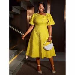 AOMEI Jacquard A Line Midi Dresses Irregular Neck 3D Flower Women Puff Sleeve Evening Party Event Gowns Dress - yellow, 3XL
