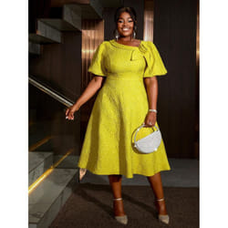 AOMEI Jacquard A Line Midi Dresses Irregular Neck 3D Flower Women Puff Sleeve Evening Party Event Gowns Dress - yellow, 4XL
