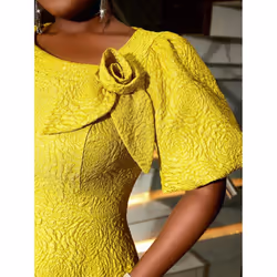 AOMEI Jacquard A Line Midi Dresses Irregular Neck 3D Flower Women Puff Sleeve Evening Party Event Gowns Dress - red, 0XL