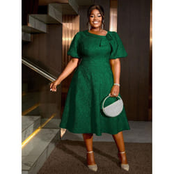 AOMEI Jacquard A Line Midi Dresses Irregular Neck 3D Flower Women Puff Sleeve Evening Party Event Gowns Dress - green, 1XL
