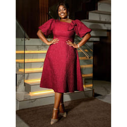 AOMEI Jacquard A Line Midi Dresses Irregular Neck 3D Flower Women Puff Sleeve Evening Party Event Gowns Dress - red, 2XL