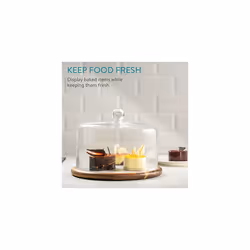 Marble & Acacia Cake Stand With Dome - Glass Dome And Marble Cake Plate, 11" x 7.5" (28 x 19.3cm)