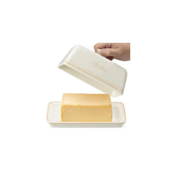 Butter Dish with Lid - Stoneware Holder Container with Cover - Holds 250g of Butter (5.3oz) - Safe for Microwave Freezer Oven Dishwasher - Cream White
