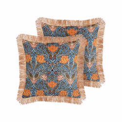 Set of 2 Velvet Fringed Cushions with Flower Pattern 45 x 45 cm Blue and Orange MITELLA