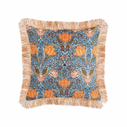 Set of 2 Velvet Fringed Cushions with Flower Pattern 45 x 45 cm Blue and Orange MITELLA