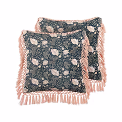 Set of 2 Velvet Cushions Flower Pattern with Tassels 45 x 45 cm Blue and Pink PARROTIA