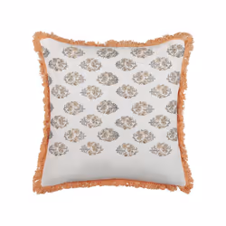 Fringed Cotton Cushion Floral Pattern 45 x 45 cm White and Orange SATIVUS
