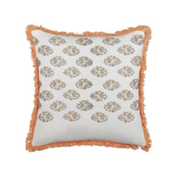 Fringed Cotton Cushion Floral Pattern 45 x 45 cm White and Orange SATIVUS