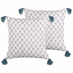 Set of 2 Decorative Cushions CORNUS Cotton 45 x 45 cm Blue Floral Pattern