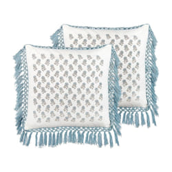Set of 2 Fringed Cotton Cushions Floral Pattern 45 x 45 cm White and Blue PALLIDA