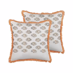 Set of 2 Fringed Cotton Cushions Floral Pattern 45 x 45 cm White and Orange SATIVUS