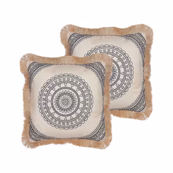 Set of 2 Fringed Cushions 45 x 45 cm Beige and Black GERANIUM