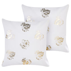 Set of 2 Decorative Cushions GOLDENROD Velvet 45 x 45 cm White Plant Pattern