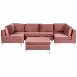 Modular U-Shape Sofa EVJA Velvet Pink with Ottoman 6 Seater