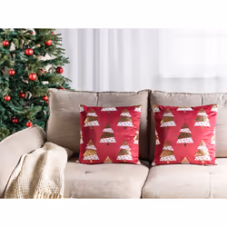 Set of 2 Decorative Cushions GOLDSPRUCE Velvet 45 x 45 cm Red Christmas Pattern