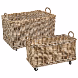 Set of 2 Baskets KITIM with Wheels Rattan Natural