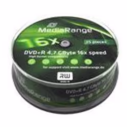 MediaRange MR404 . Native capacity: 4.7 GB. Type: DVD+R. Quantity per pack: 25 pc(s). DVD+R write speed: 16x. Package type: C ...