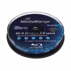 MediaRange MR500. Type: BD-R. Native capacity: 25 GB. BD-R write speed: 6x. Quantity per pack: 10 pc(s). Package type: Cakebo ...