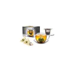 2XL Tea Cup with Handle Jumbo with Integrated Stainless Steel Sieve Lid and Saucer in A Set with 2 Erbloomteelini 450Ml Transparent 3 Piece Set