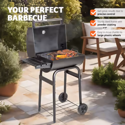 BBQ Charcoal Grill Trolley Smoker Barbecue Thermometer Powder Coated Metal