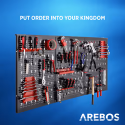AREBOS Tool wall 3-piece perforated wall workshop | 17-piece hook set & brackets | Perforated metal tool wall for workshop equipment | Red