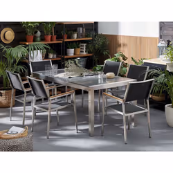 Garden Dining Set 6 Seater GROSSETO Triple Plate Granite Polished Black/ Grey