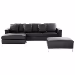 Corner Sofa OSLO Leather Black with Ottoman 5 Seater Right Hand