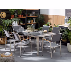Garden Dining Set 6 Seater GROSSETO Triple Plate Granite Polished Grey