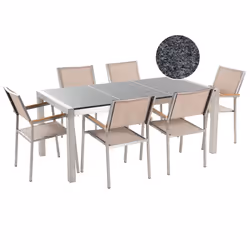 Garden Dining Set 6 Seater GROSSETO Triple Plate Granite Polished Grey/ Beige