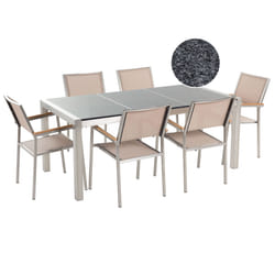 Garden Dining Set 6 Seater GROSSETO Triple Plate Granite Polished Grey/ Beige