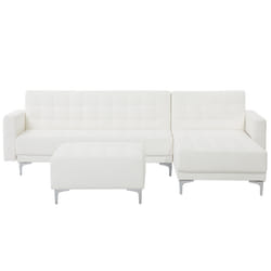 Modular Corner Sofa Bed ABERDEEN Faux Leather White with Ottoman 4 Seater Left Hand