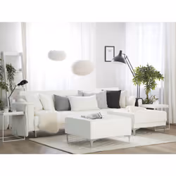 Modular Corner Sofa Bed ABERDEEN Faux Leather White with Ottoman 4 Seater Left Hand