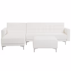 Modular Corner Sofa Bed ABERDEEN Faux Leather White with Ottoman 4 Seater Right Hand