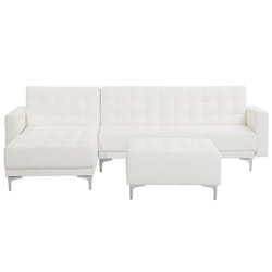 Modular Corner Sofa Bed ABERDEEN Faux Leather White with Ottoman 4 Seater Right Hand