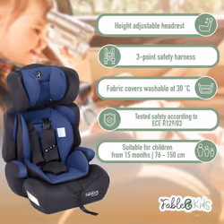 FableKids Child Car Seat | 5-Point Safety Harness | Group 1+2+3 for 9-36kg | Adjustable Headrest |Removable Backrest | Adjustable | Blue